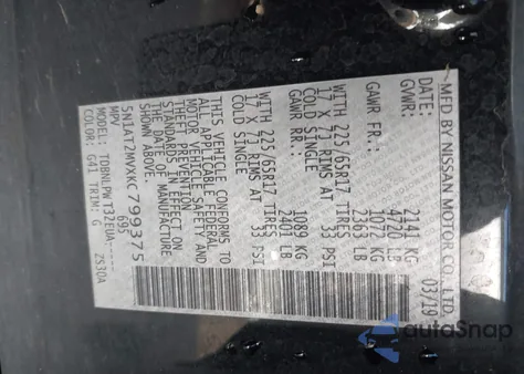 2019 Nissan Rogue S z USA, uszkodzony, nr VIN 5N1AT2MVXKC799375